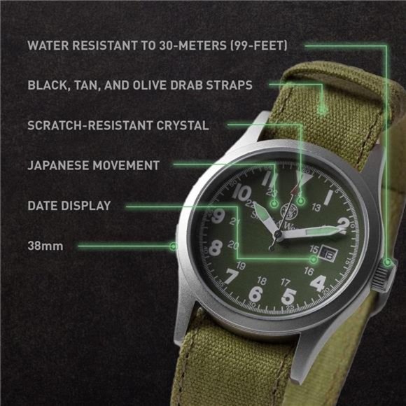 Men's Military Watch, 3 Interchangeable Canvas Straps, 3 ATM Water Resistant - Picture 5 of 6